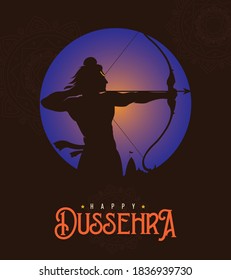 Happy Dussehra text with an illustration of Lord Rama bow arrow and temple background for Indian festival Dussehra