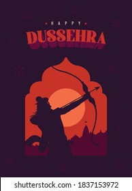 Happy Dussehra text with an illustration of Lord Rama bow arrow and temple background for Indian festival Dussehra