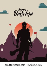 Happy Dussehra text with an illustration of Lord Rama and temple background for Indian festival Dussehra banner, template, card design