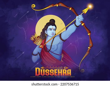 Happy Dussehra text with illustration of Lord Rama killing Ravana in Dussehra