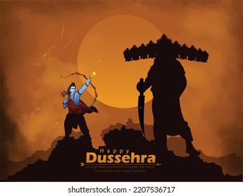 Feliz texto de Dussehra con ilustración de Lord Rama matando a Ravana en Dussehra