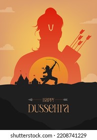 Happy Dussehra text with an illustration of Lord Rama and temple background for Indian festival Dussehra banner, template, card design