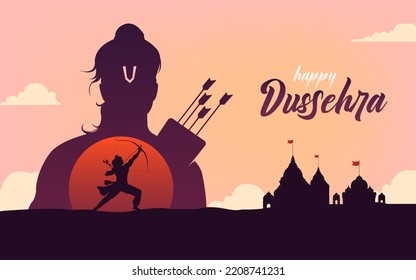 Feliz texto de Dussehra con una ilustración de Lord Rama y el fondo del templo para el banner del festival indio Dussehra, plantilla, diseño de tarjeta