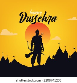 Happy Dussehra text with an illustration of Lord Rama and temple background for Indian festival Dussehra banner, template, card design