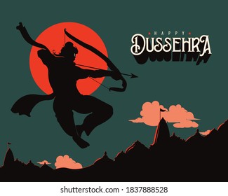 Happy Dussehra text with an isolated  Lord Rama bow arrow and temple background for Indian festival Dussehra