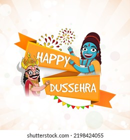 Happy Dussehra Text Ribbon With Cheerful Lord Rama And Demon King Ravana Character Against White Rays Background.