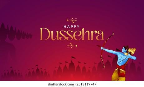 Diseño feliz del Vector de Dussehra. Lord Rama matando a Ravana en Dussehra, Vijayadashami. Dussehra Ilustración vectorial de diseño de carteles. Festival de la India.
