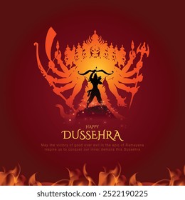 Diseño feliz del Vector de Dussehra. Lord Rama matando a Ravana en Dussehra, Vijayadashami. Dussehra Ilustración vectorial de diseño de carteles. Festival de la India.