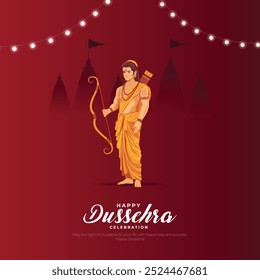 Diseño feliz del Vector de Dussehra. Lord Rama matando a Ravana en Dussehra, Vijayadashami. Dussehra Ilustración vectorial de diseño de carteles. Festival de la India.