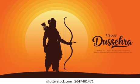 Feliz vetor Dussehra saudação com Lord Rama Silhouette no pôr do sol