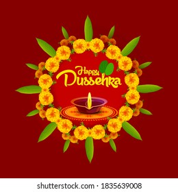Fröhlich Dussehra. Happy Dussehra Vektor Illustration mit Blumen, Blättern, Diya. Gut dekoriert auf einfarbigem Hintergrund.