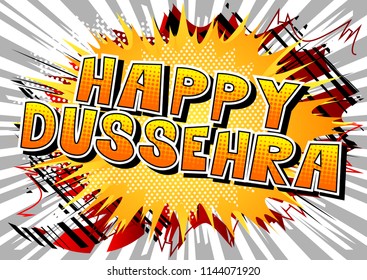 Happy Dussehra. Vector Illustration for the Hindu festival, with retro style comic book background.