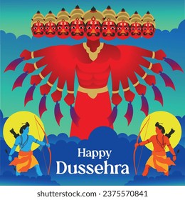 Happy Dussehra, vector illustration of Lord Rama killing Ravana in Happy Dussehra festival of Happy India.