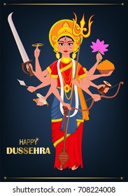 Happy Dussehra vector illustration. Maa Durga on dark blue background for Hindu Festival. 