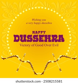 Happy Dussehra victory of good over evil illustration of bow arrow in Dussehra Navratri festival of India poster