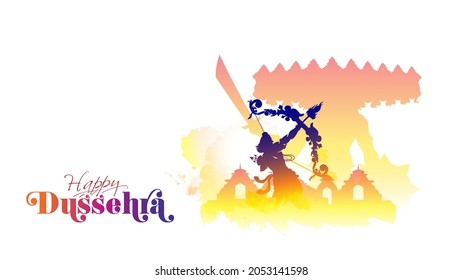 Happy Dussehra vijayadashami festival. Ram and Ravan fight concept with typography
