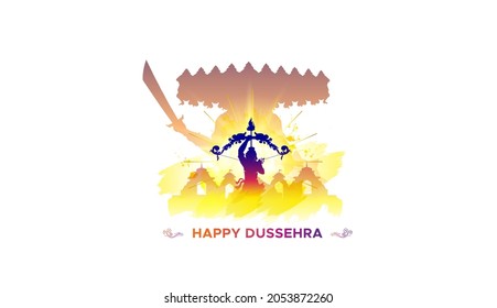 Happy Dussehra Vijayadashami Festival. Typography With Ram And Ravan Fight Concept