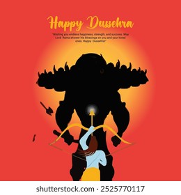 Feliz Dussehra y Vijyadashmi con lord Rama Social Media Post en caligrafía hindi, En Hindi Dussehra, Vijyadashmi significa Victoria sobre el mal, Jai Shri Ram significa Señor Rama.