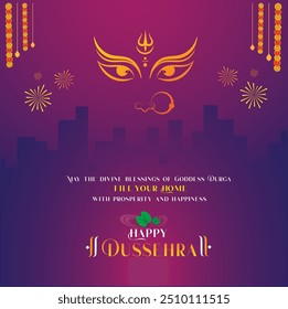 Feliz Dussehra Deseja Conceito Imobiliário. Modelo de Design de Vetor de Saudações de Mídia Social. Navratri, Vijayadashami, Festival da Índia