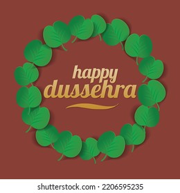 'Happy Dussehra' wishing message in English. Vector unit with round border made with Apte leaves graphic for Dashahara festival greeting card.