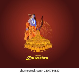 Happy dusshera Hindu festival celebrated at the end of Navratri. ILLUSTRATION OF Lord Ram and Ram Temple . Jai shree Ram.