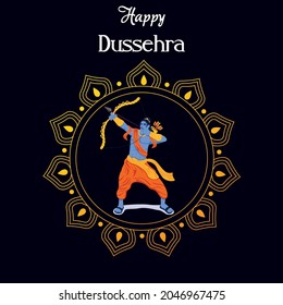 Happy dusshera with lord holding bow and arrow flat concept icon design