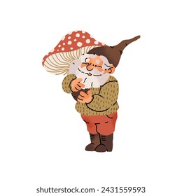 Happy dwarf in cap stands, holds fly agaric. Cute garden gnome carries big mushroom. Old fairytale bearded gardener with autumn forest harvest. Flat isolated vector illustration on white background