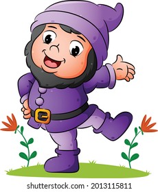 The happy dwarf is dancing and using the good costume of illustration