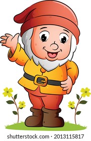 The happy dwarf is waving and smiling in the garden of illustration