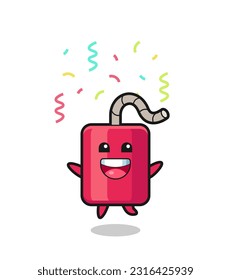 mascota dinamita feliz saltando por felicitación con confetti color , diseño de estilo lindo para camiseta, pegatina, elemento logo