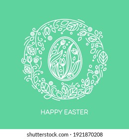 Happy Eaaster greeting card. Circle frame with eggs and flowers design. Linear style art for seasonal spring decoration, holiday promotion, celebration banner, festive poster. Vector illustration