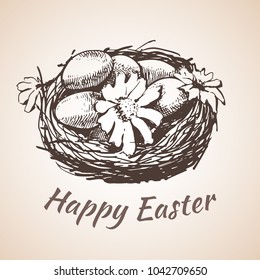 Happy earster isolated hand drawn symbol - flower, eggs, grass. Isolated on white backdround.