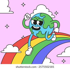 Happy Earth character joyfully running on a rainbow designed in a colorful cartoon style for environmental themes