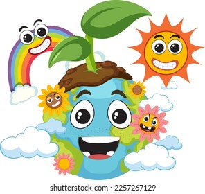 Happy earth character with sun and rainbow illustration