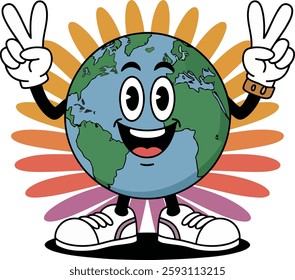 Happy Earth Character Wearing Sneakers Making Peace Signs , vector , illustration