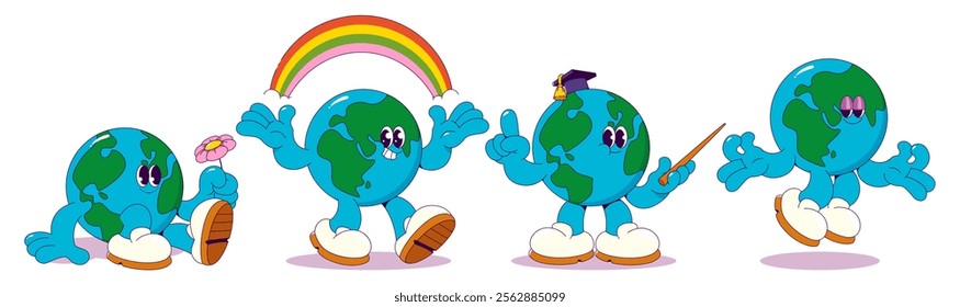 Happy earth characters set isolated on white background. Contemporary vector cartoon illustration of smiling y2k globes holding flower, rainbow, meditating, wearing academic hat, school mascots