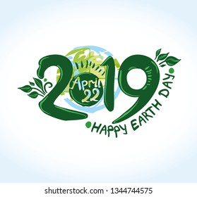 Happy Earth Day 2019. April 22. International Day of Earth. Painted planet and handwritten template. Vector illustration.
