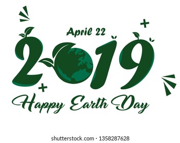 Happy Earth Day 2019. April 22. Vector template isolated on white. Painted planet and handwritten illustration. - Vector