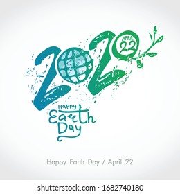 Happy Earth Day 2020. Green handwritten logo. April 22. Vector hand drawn template.