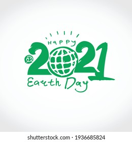 Happy Earth Day 2021. Green handwritten logo. April 22. Vector hand drawn template.