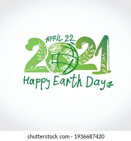 Happy Earth Day 2021. Green handwritten logo. April 22. Vector hand drawn template.