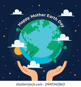 Happy Earth Day 2024. Mother Earth Day. Save our planet. Earth day 3d background. Vector illustration. Hands Holding Globe, Earth.