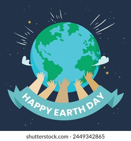 Happy Earth Day 2024. Mother Earth Day. Save our planet. Earth day 3d background. Vector illustration. Hands Holding Globe, Earth.