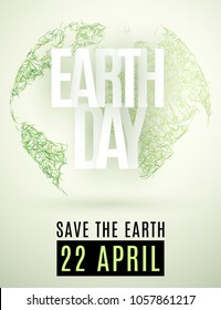 Happy Earth Day. 22 April. Abstract green planet earth from grass on a light background. Save the Earth. Text from paper letters. Ecological holiday. Vector illustration. EPS 10