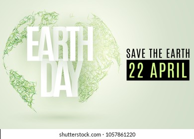 Happy Earth Day. 22 April. Abstract green planet earth from grass on a light background. Save the Earth. Text from paper letters. Vector illustration. EPS 10