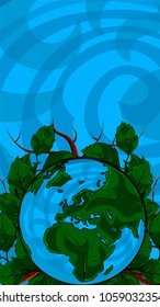 Happy Earth Day. 22 April. 2018. Poster template illustration of the Earth with continents in a leaf frame on background.