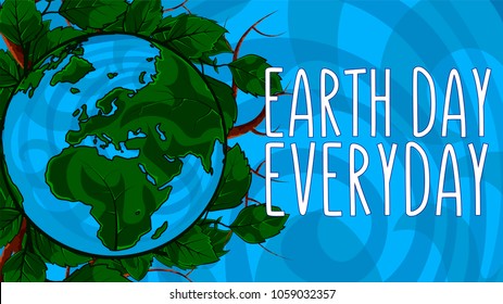 Happy Earth Day. 22 April. 2018. Poster template illustration of the Earth with continents in a leaf frame on background.