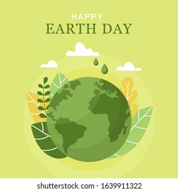 Happy Earth Day, 22 April. Vector World map vector illustration. Concept of the Earth day. Planet, leaves and clouds in flat style.