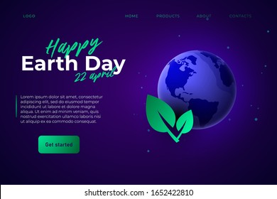 happy Earth Day 22 april webpage landing template. 3d aerth and gradient leaf.