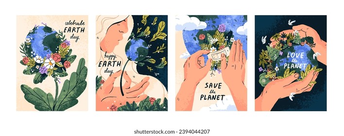 Feliz Día de la Tierra, 22 de abril. Las manos de los seres humanos en el mundo, salvar el planeta, apoyar la protección medioambiental de la naturaleza, la ecología y el medio ambiente. Mundo ecológicamente saludable. Ilustración vectorial plana